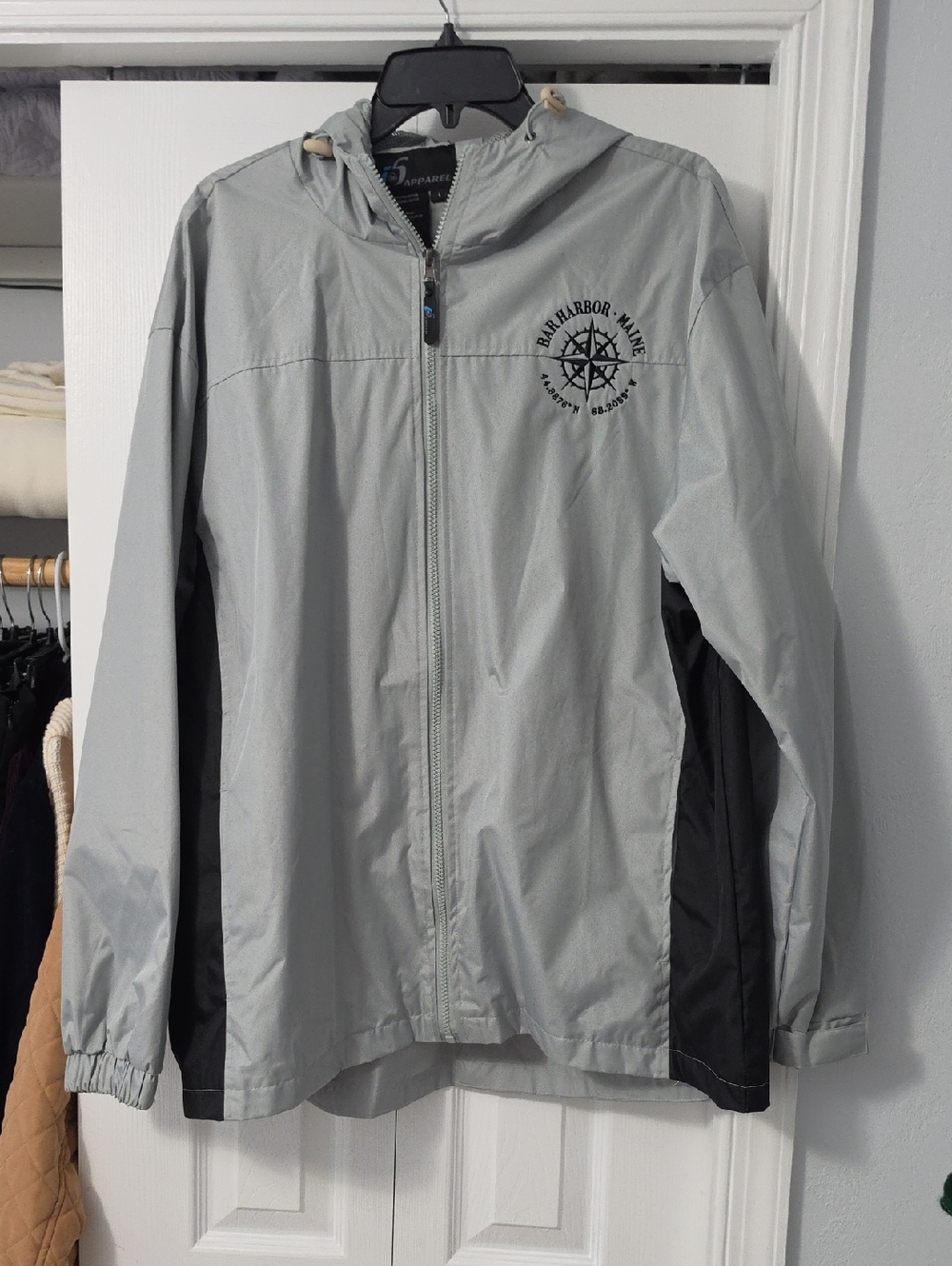Light Gray Hooded Windbreaker/ Rain Jacket with Black Panels